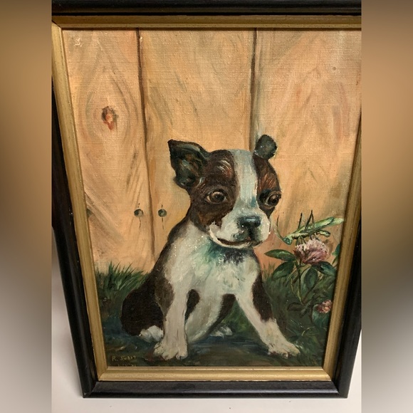 1931 Vintage Artist Signed Framed Oil Paint on Canvas Potrait of Boston Terrier - Picture 7 of 16